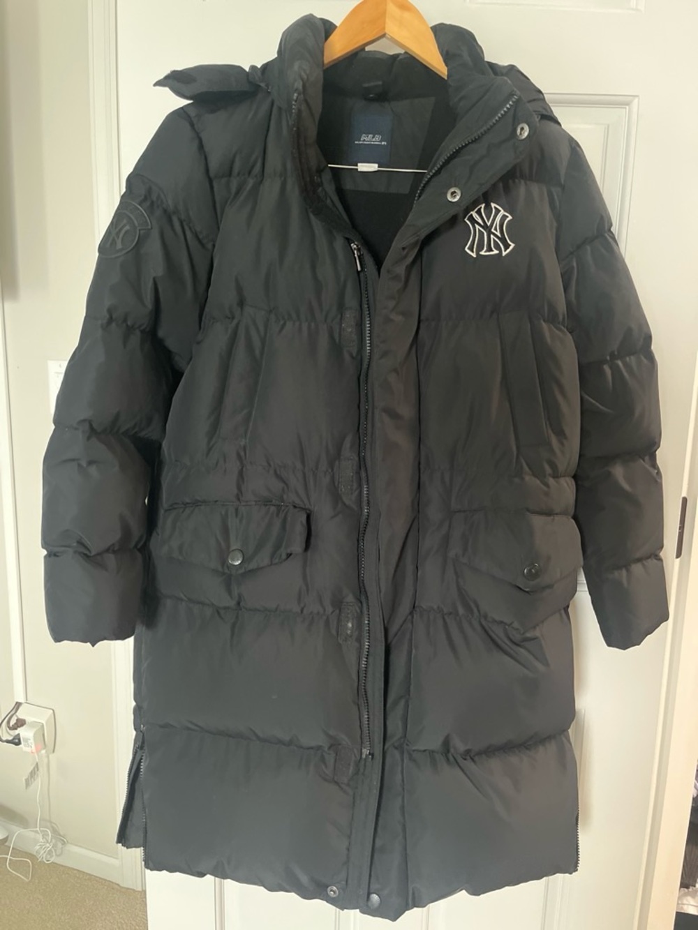 MLB Black Long Puffer Jacket with NY Logo for Kids